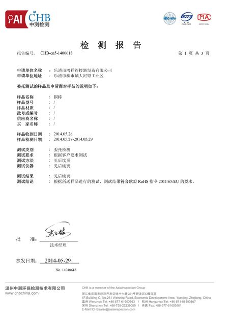 Porcellana ZHEJIANG HONGXIANG CONNECTOR MANUFACTURING CO.,LTD. Certificazioni