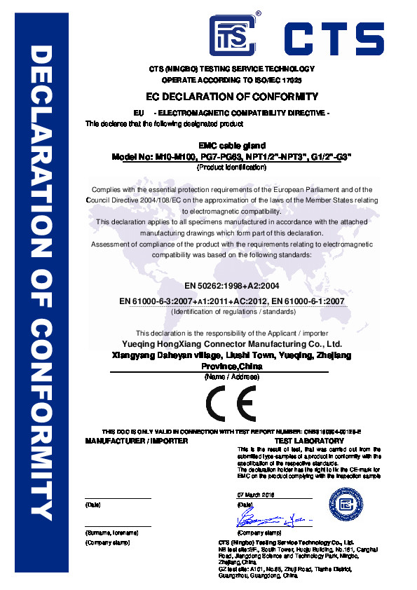Porcellana YUEQING HONGXIANG CONNECTOR MANUFACTURING CO.,LTD. Certificazioni